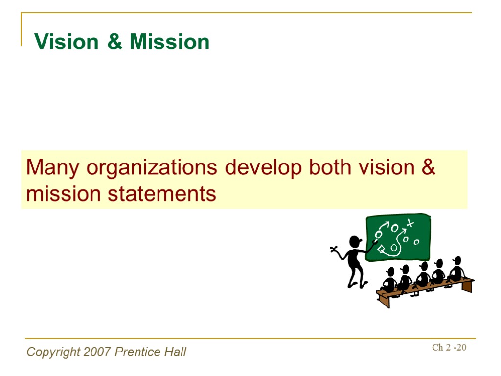Copyright 2007 Prentice Hall Ch 2 -20 Vision & Mission Many organizations develop both